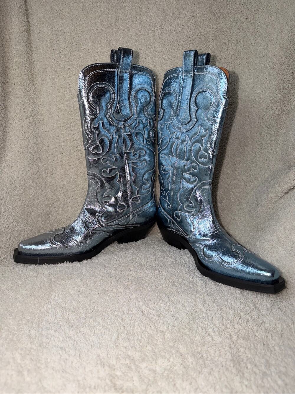 Ganni Metallic Silver Leather Western Cowboy Boots Mid Calf EU 36 US 6 NWOB